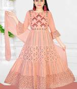 Aura Girls Ethnic Print and Embroidery Peach Casual Wear Cotton Mulmul Gown With Chiffon Dupatta 