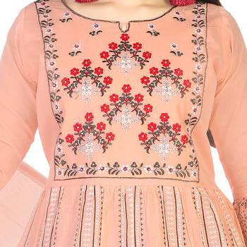 Aura Girls Ethnic Print and Embroidery Peach Casual Wear Cotton Mulmul Gown With Chiffon Dupatta  3