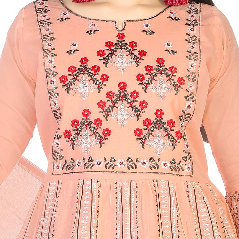 Aura Girls Ethnic Print and Embroidery Peach Casual Wear Cotton Mulmul Gown With Chiffon Dupatta 