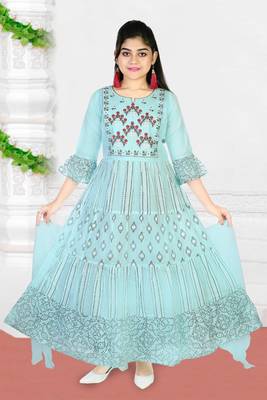 Aura Girls Light Weight Ethnic Print and Embroidery Sky Blue Cotton Mulmul Gown With Chiffon Dupatta 1