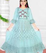 Aura Girls Light Weight Ethnic Print and Embroidery Sky Blue Cotton Mulmul Gown With Chiffon Dupatta