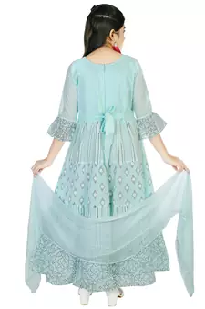 Aura Girls Light Weight Ethnic Print and Embroidery Sky Blue Cotton Mulmul Gown With Chiffon Dupatta