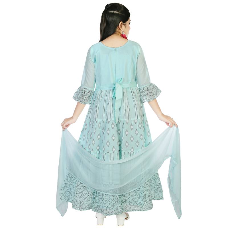 Aura Girls Light Weight Ethnic Print and Embroidery Sky Blue Cotton Mulmul Gown With Chiffon Dupatta
