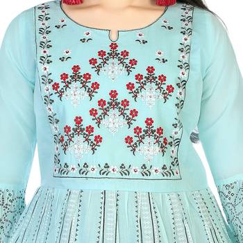 Aura Girls Light Weight Ethnic Print and Embroidery Sky Blue Cotton Mulmul Gown With Chiffon Dupatta 3