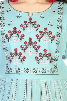 Aura Girls Light Weight Ethnic Print and Embroidery Sky Blue Cotton Mulmul Gown With Chiffon Dupatta