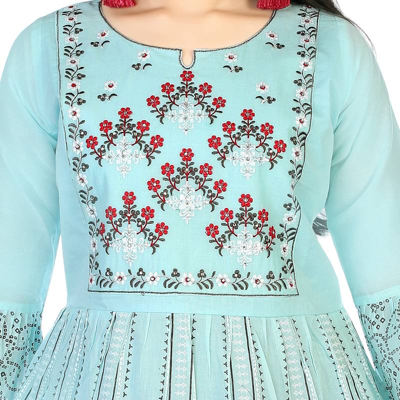 Aura Girls Light Weight Ethnic Print and Embroidery Sky Blue Cotton Mulmul Gown With Chiffon Dupatta