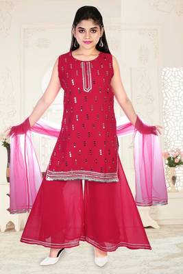 Aura Girls Pink Ready Made Ethnic Party Wear Embroidery Sequins Georgette Palazzo Suit With Net Dupatta 1