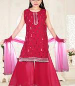 Aura Girls Pink Ready Made Ethnic Party Wear Embroidery Sequins Georgette Palazzo Suit With Net Dupatta