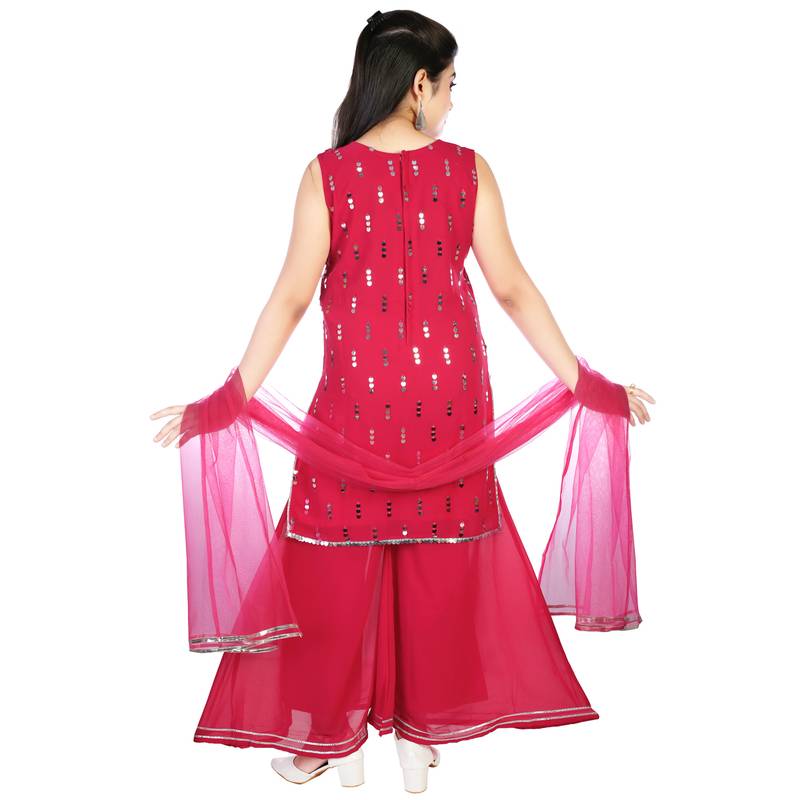Aura Girls Pink Ready Made Ethnic Party Wear Embroidery Sequins Georgette Palazzo Suit With Net Dupatta