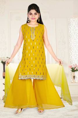 Aura Girls Ethnic Embroidery Designer Sequins Georgette Palazzo Ready To Wear Suit With Net Dupatta  1