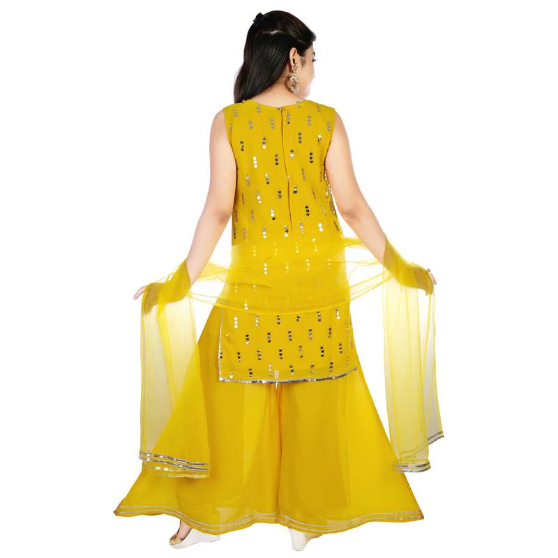 Aura Girls Ethnic Embroidery Designer Sequins Georgette Palazzo Ready To Wear Suit With Net Dupatta 