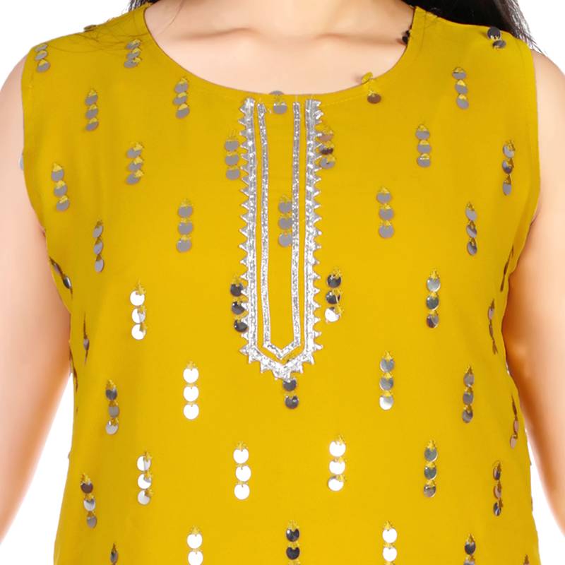 Aura Girls Ethnic Embroidery Designer Sequins Georgette Palazzo Ready To Wear Suit With Net Dupatta 