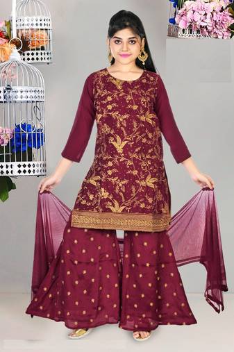 AuraRaw Silk Embroidery Palazzo Suit With Net Dupatta(1118_Parent)