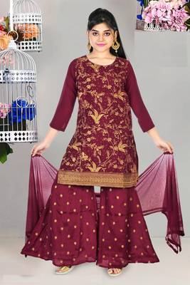 AuraRaw Silk Embroidery Palazzo Suit With Net Dupatta(1118_Parent) 1
