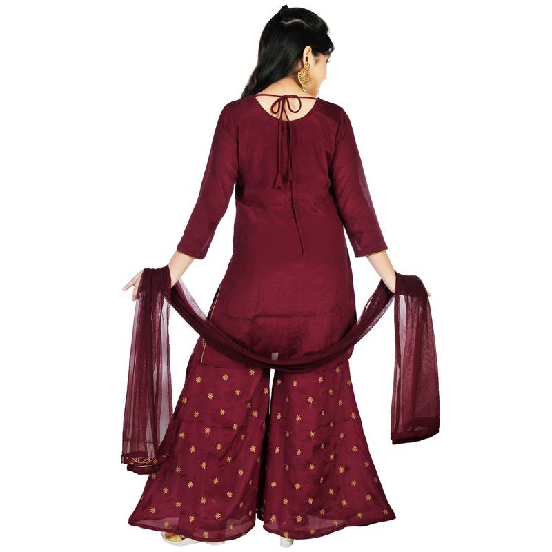 AuraRaw Silk Embroidery Palazzo Suit With Net Dupatta(1118_Parent)