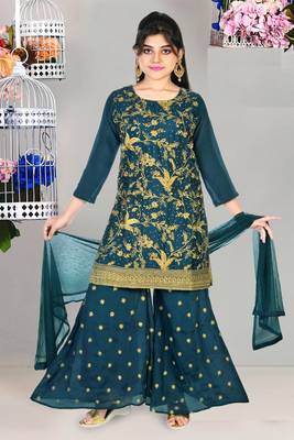Aura Raw Silk Embroidery Palazzo Suit With Net Dupatta(1118_Par) 1