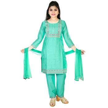 Aura Ethnic Girls Embroidery Raw Silk  Straight Suit With Dupatta(1116_Parent) 1