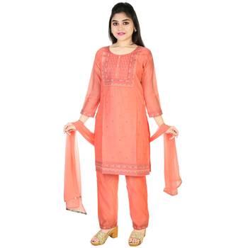 Aura Ethnic Girls Embroidery Raw Silk  Straight Suit With Dupatta(1116_Par) 1