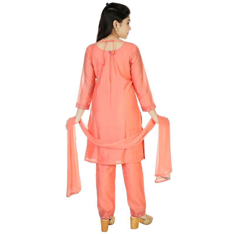 Aura Ethnic Girls Embroidery Raw Silk  Straight Suit With Dupatta(1116_Par)