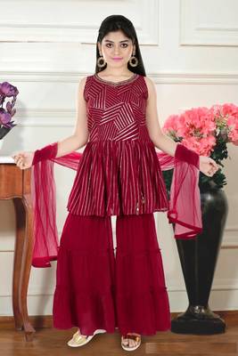 Aura Girls Ethnic Heavy Sequence Work Kurti With Sharara Pant And Dupatta (1109_Parent) 1