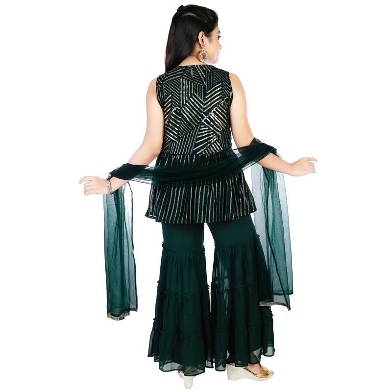 Aura Girls Ethnic Heavy Sequence Work Kurti With Sharara Pant And Dupatta (1109_Par)