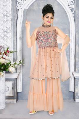 Aura Girls ethnic Greogette Embroidery Sequins and Thread Chinese Collar Sharara Suit With Net Dupatta (1115_Par) 1