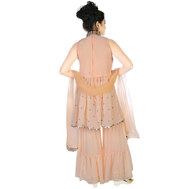 Aura Girls ethnic Greogette Embroidery Sequins and Thread Chinese Collar Sharara Suit With Net Dupatta (1115_Par)