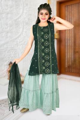 Aura Ethnic Embroidered Raw Silk Sharara Suit Set With Net Dupatta(1093_Parent) 1