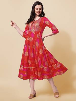 Pink Orange Embroidery Foil Gotta Patti Printed Cotton Straight Kurta 1