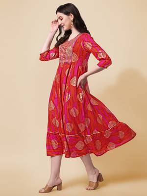 Pink Orange Embroidery Foil Gotta Patti Printed Cotton Straight Kurta 3