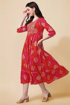 Pink Orange Embroidery Foil Gotta Patti Printed Cotton Straight Kurta
