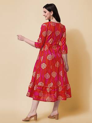 Pink Orange Embroidery Foil Gotta Patti Printed Cotton Straight Kurta 4