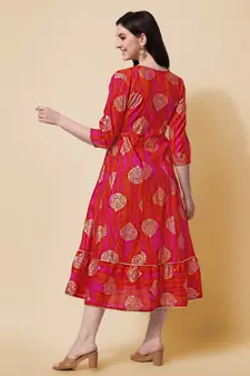Pink Orange Embroidery Foil Gotta Patti Printed Cotton Straight Kurta