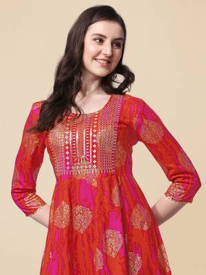 Pink Orange Embroidery Foil Gotta Patti Printed Cotton Straight Kurta 5