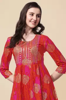 Pink Orange Embroidery Foil Gotta Patti Printed Cotton Straight Kurta