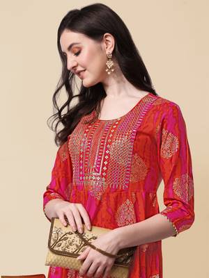 Pink Orange Embroidery Foil Gotta Patti Printed Cotton Straight Kurta 6