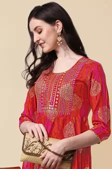 Pink Orange Embroidery Foil Gotta Patti Printed Cotton Straight Kurta