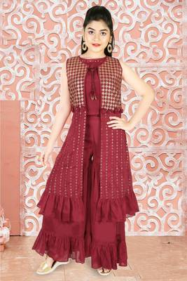 Maroon Raw Silk Printed Ethnic Suit Set 1
