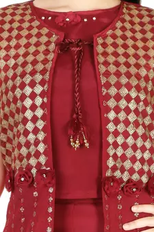 Maroon Raw Silk Printed Ethnic Suit Set
