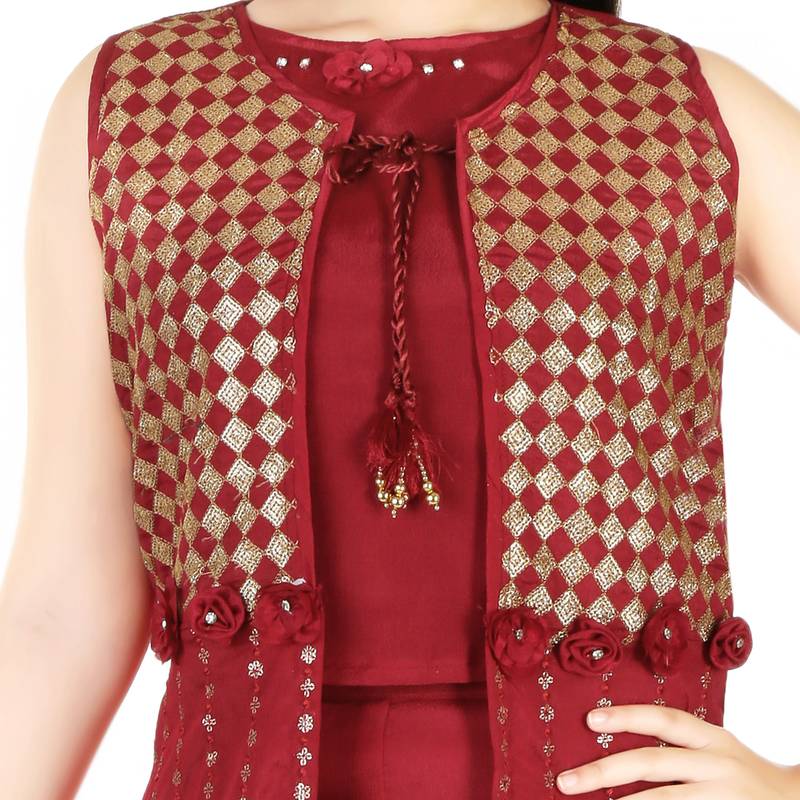 Maroon Raw Silk Printed Ethnic Suit Set