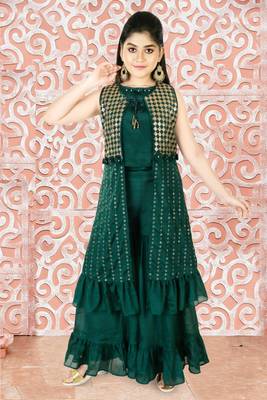 Aura Girls Sequin Work Green Layered Sharara Set 1