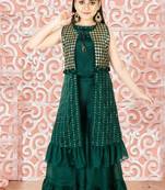 Aura Girls Sequin Work Green Layered Sharara Set