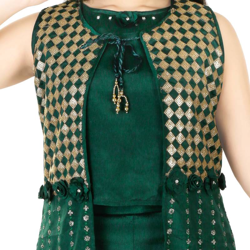 Aura Girls Sequin Work Green Layered Sharara Set