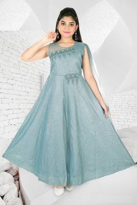 Aura Ethnic Girls Round Neck Embroidered Lycra Glitter Gown Attched Net Dupatta(1104_Parent) 1