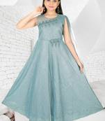 Aura Ethnic Girls Round Neck Embroidered Lycra Glitter Gown Attched Net Dupatta(1104_Parent)