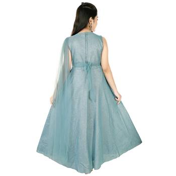 Aura Ethnic Girls Round Neck Embroidered Lycra Glitter Gown Attched Net Dupatta(1104_Parent) 2