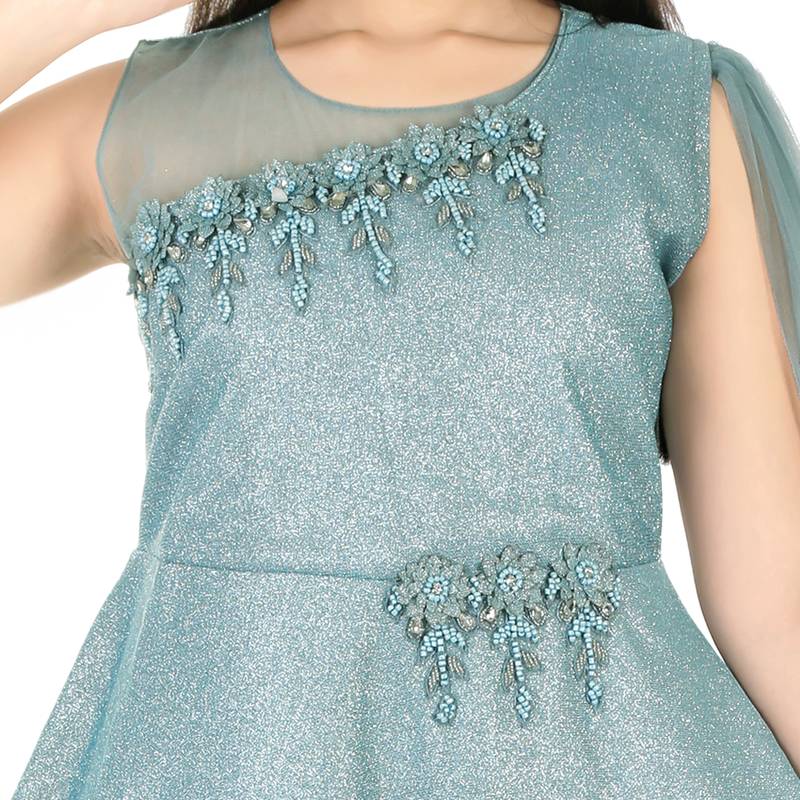 Aura Ethnic Girls Round Neck Embroidered Lycra Glitter Gown Attched Net Dupatta(1104_Parent)