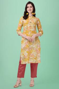 Orange Stand Patti Rayon Printed Straight Kurta
