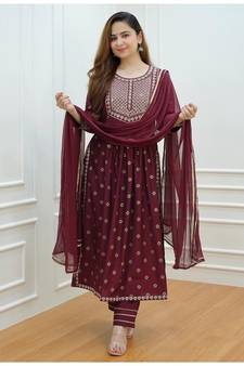 Rayon Printed Nayra cut kurti with pant and dupatta