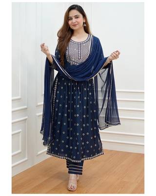 Rayon Printed Nayra cut kurti with pant and dupatta 1